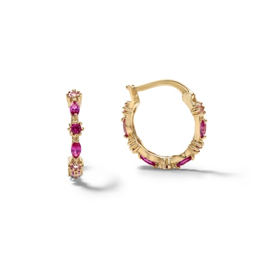 10K Solid Gold Pink CZ and Synthetic Ruby Ombré Huggies