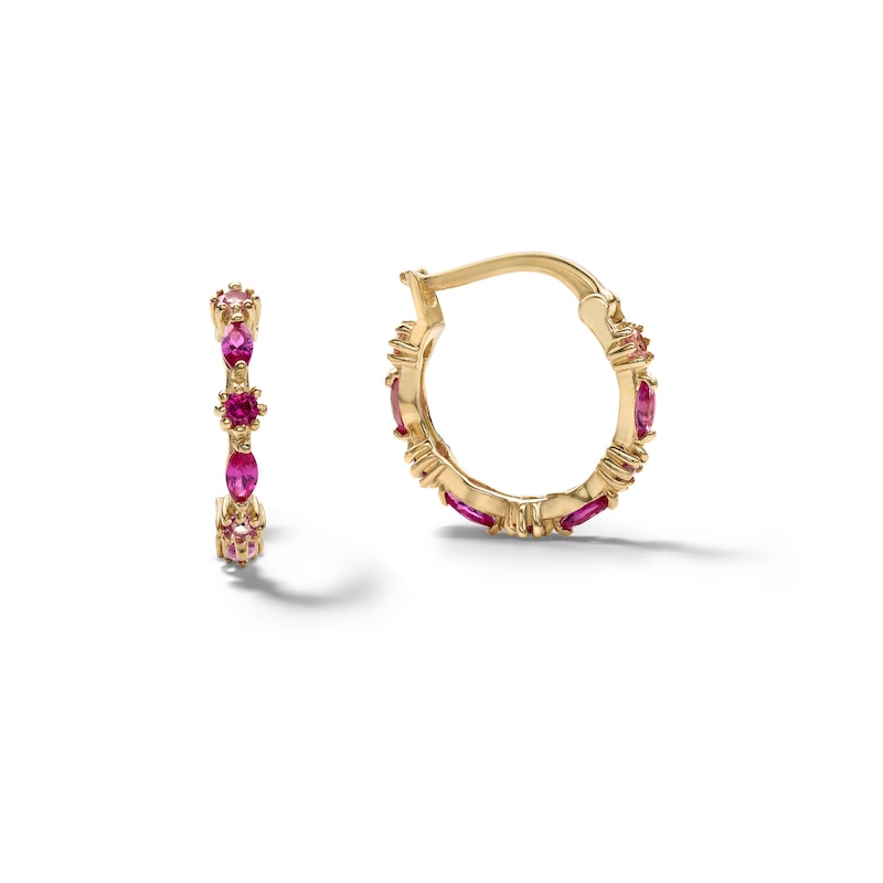 10K Solid Gold Pink CZ and Synthetic Ruby Ombré Huggies