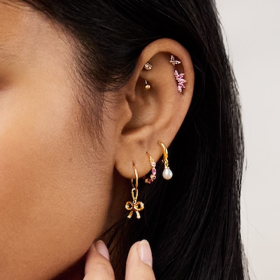 10K Solid Gold Pink CZ and Synthetic Ruby Ombré Huggies