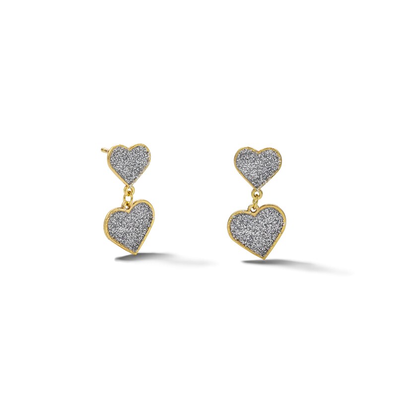 10K Solid Gold Glitter Enamel Double Heart Dangle Studs