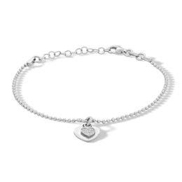 Sterling Silver CZ Bead Chain Heart Charm Bracelet