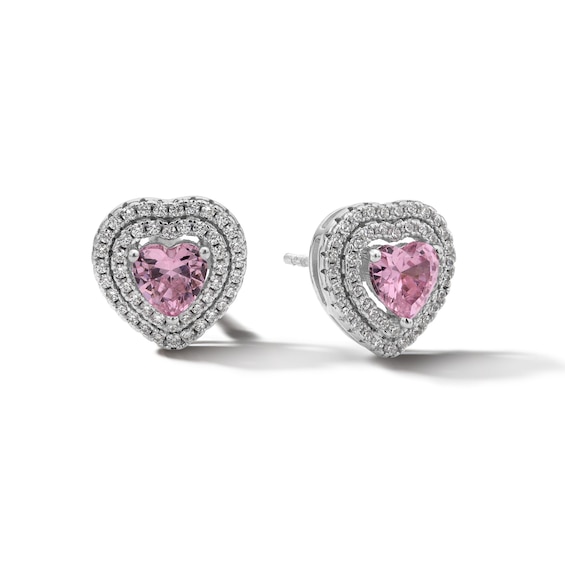 Sterling Silver CZ Pink Double-Halo Heart Studs
