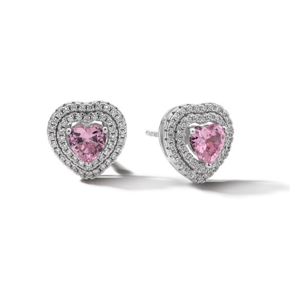 Sterling Silver CZ Pink Double-Halo Heart Studs