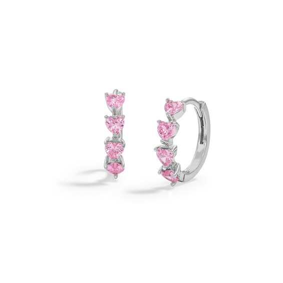 Sterling Silver Pink CZ Heart Huggie Hoops
