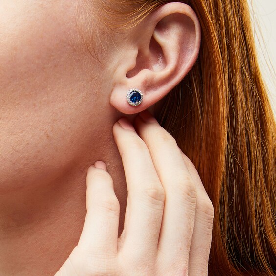 Solid Sterling Silver 6mm Blue and White CZ Halo Studs
