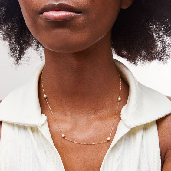 10K Solid Gold Freshwater Cultured Pearl Station Necklace - 16" + 2"