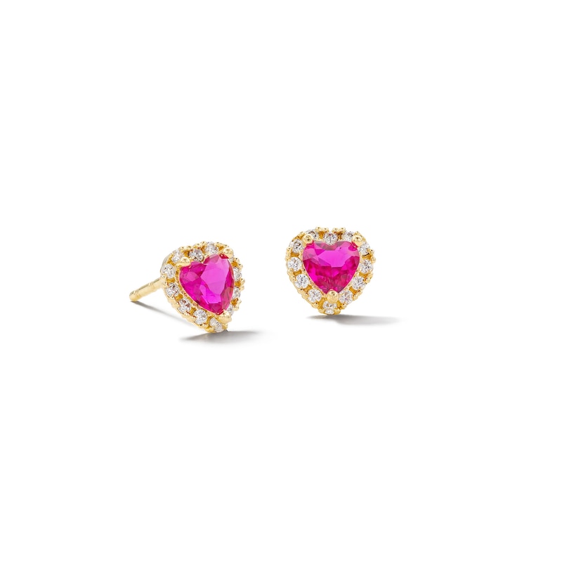 10K Solid Gold CZ and Synthetic Ruby Red Heart Halo Studs
