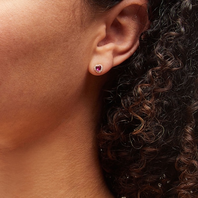 10K Solid Gold CZ and Synthetic Ruby Red Heart Halo Studs