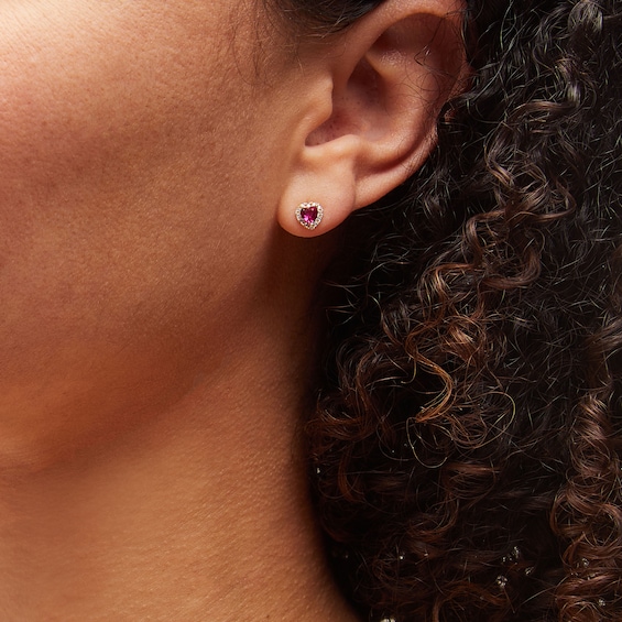 10K Solid Gold CZ and Synthetic Ruby Red Heart Halo Studs