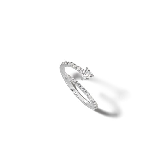 Solid Sterling Silver CZ Heart Bypass Wrap Ring - Size 7
