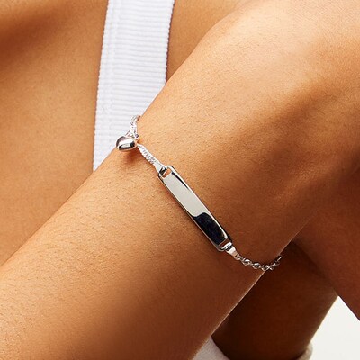 Child's Sterling Silver Singapore ID Heart Chain Bracelet Made in Italy