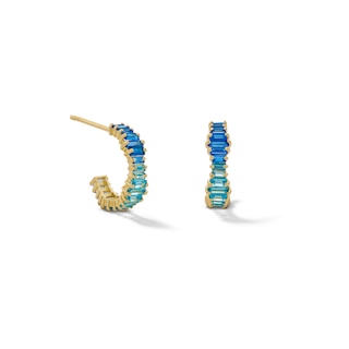 10K Gold CZ Blue Ombre Baguette Huggie Hoops