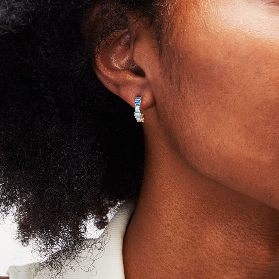 10K Gold CZ Blue Ombre Baguette Huggie Hoops