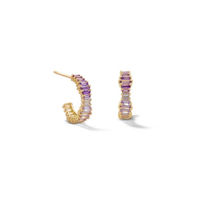 Main Image 1 of 10K Gold CZ Purple Ombre Baguette Huggie Hoops