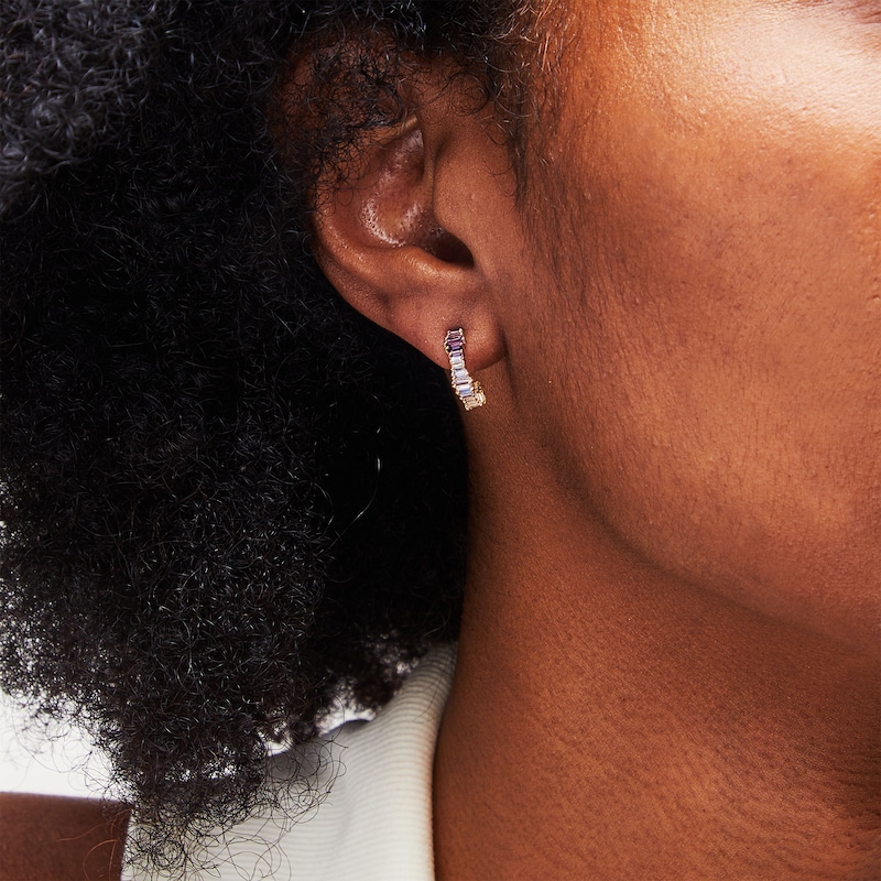 Main Image 2 of 10K Gold CZ Purple Ombre Baguette Huggie Hoops
