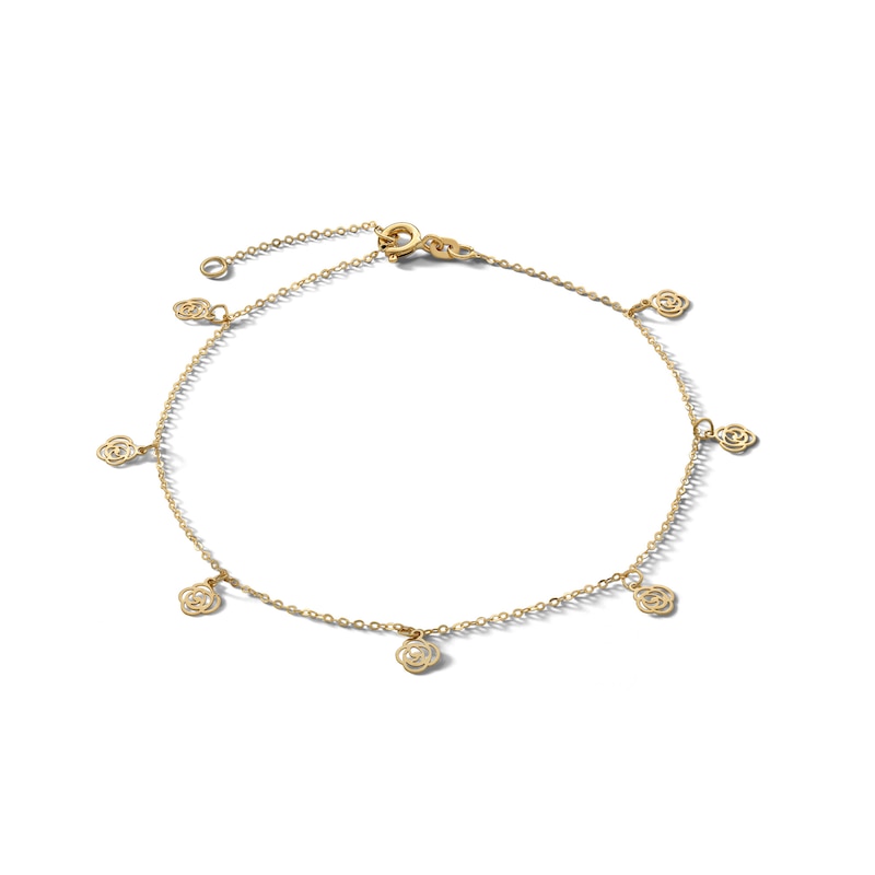 10K Solid Gold Roses Chain Anklet Made in Italy - 9"
