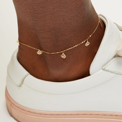 ​​​​​​​10K Solid Gold Roses Chain Anklet Made in Italy - 9"