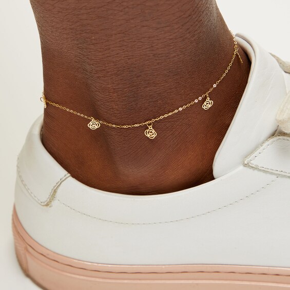 ​​​​​​​10K Solid Gold Roses Chain Anklet Made in Italy - 9"