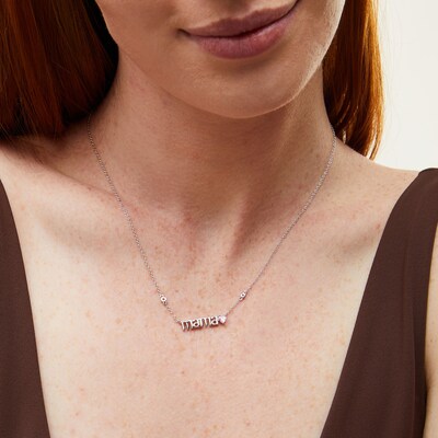 Sterling Silver Pink CZ Heart Mama Pendant - 16" + 2"