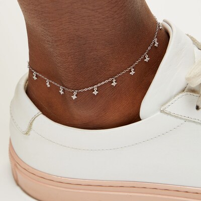 Sterling Silver CZ Star Chain Anklet - 9"