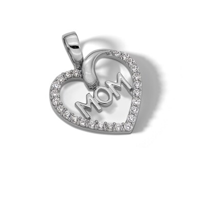 Sterling Silver CZ MOM Heart Necklace Charm