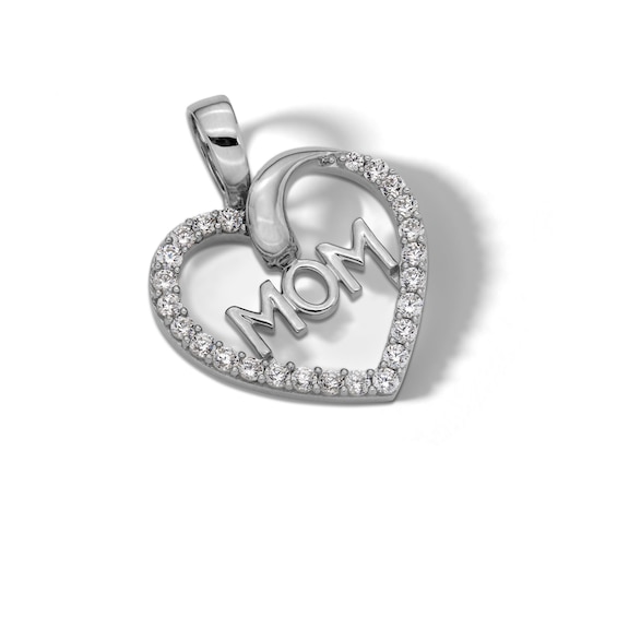 Sterling Silver CZ MOM Heart Necklace Charm