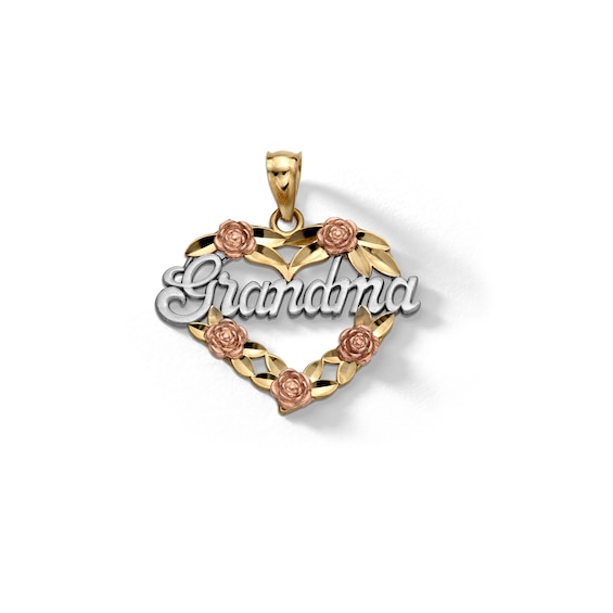 10K Solid Gold Grandma with Roses Tri-Tone Necklace Charm