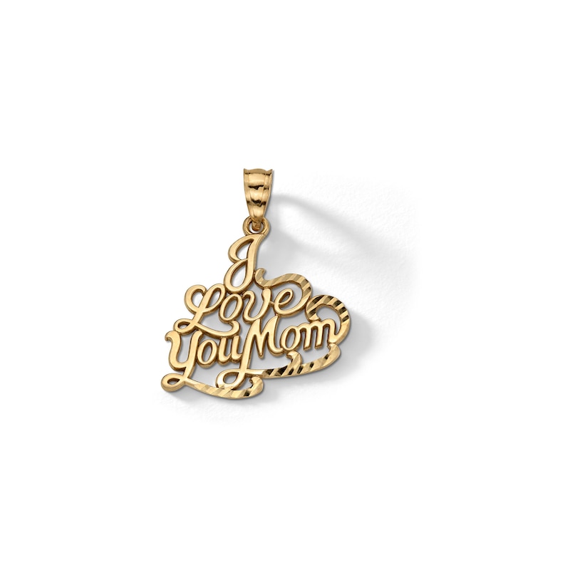 10K Solid Gold Diamond-Cut "I Love You Mom" Necklace Charm