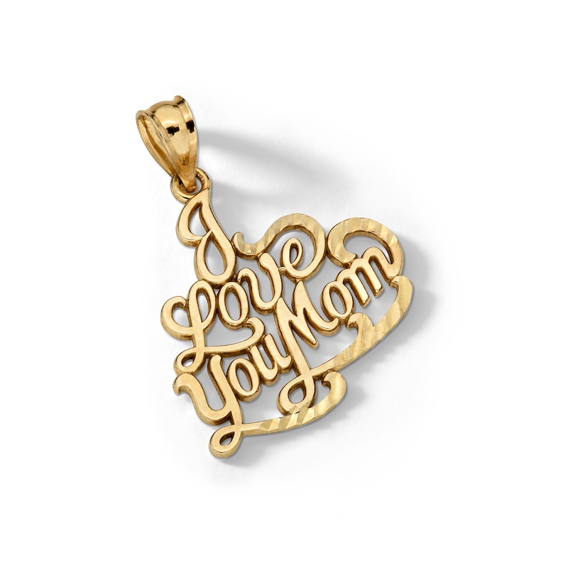 10K Solid Gold Diamond-Cut "I Love You Mom" Necklace Charm