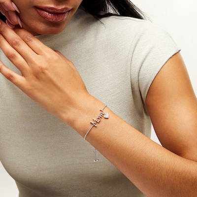 Solid Sterling Silver and 18K Plated Rose Gold Diamond Accent Composite Heart Dangle Two-Tone Mom Bolo Bracelet - 9"