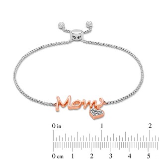 Solid Sterling Silver and 18K Plated Rose Gold Diamond Accent Composite Heart Dangle Two-Tone Mom Bolo Bracelet - 9"