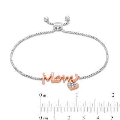 Solid Sterling Silver and 18K Plated Rose Gold Diamond Accent Composite Heart Dangle Two-Tone Mom Bolo Bracelet - 9"