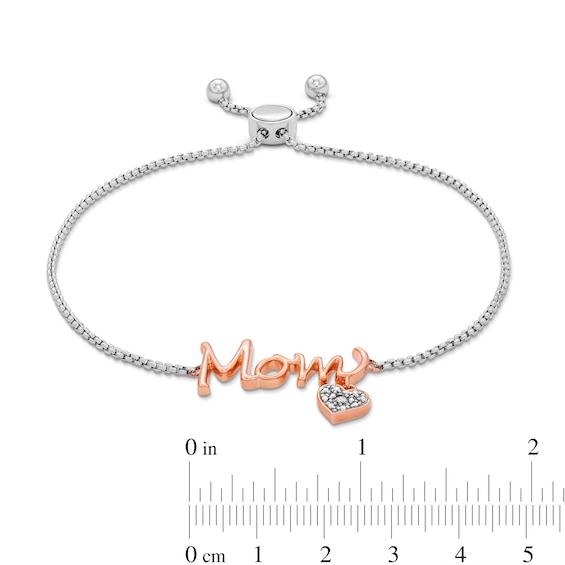 Solid Sterling Silver and 18K Plated Rose Gold Diamond Accent Composite Heart Dangle Two-Tone Mom Bolo Bracelet - 9"