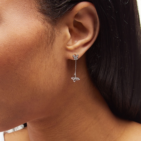 Solid Sterling Silver Diamond Accent Butterfly Dangle Earrings