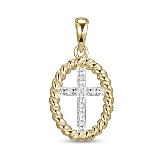 18K Plated Gold Diamond Accent Rope Outline Cross Two-Tone Necklace Charm