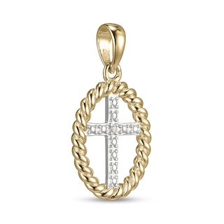 18K Plated Gold Diamond Accent Rope Outline Cross Two-Tone Necklace Charm