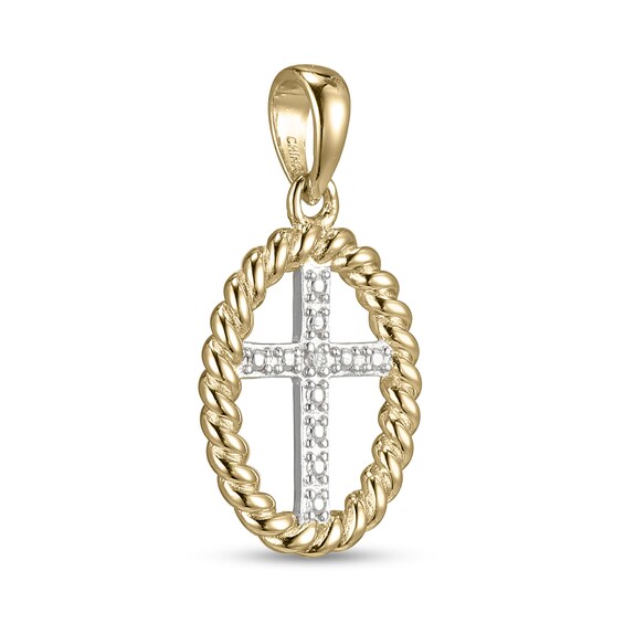 18K Plated Gold Diamond Accent Rope Outline Cross Two-Tone Necklace Charm