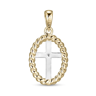 18K Plated Gold Diamond Accent Rope Outline Cross Two-Tone Necklace Charm