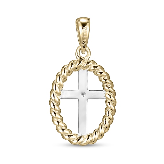18K Plated Gold Diamond Accent Rope Outline Cross Two-Tone Necklace Charm