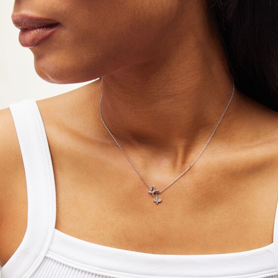 Solid Sterling Silver Diamond Accent Double Butterfly Dangle Necklace - 18"