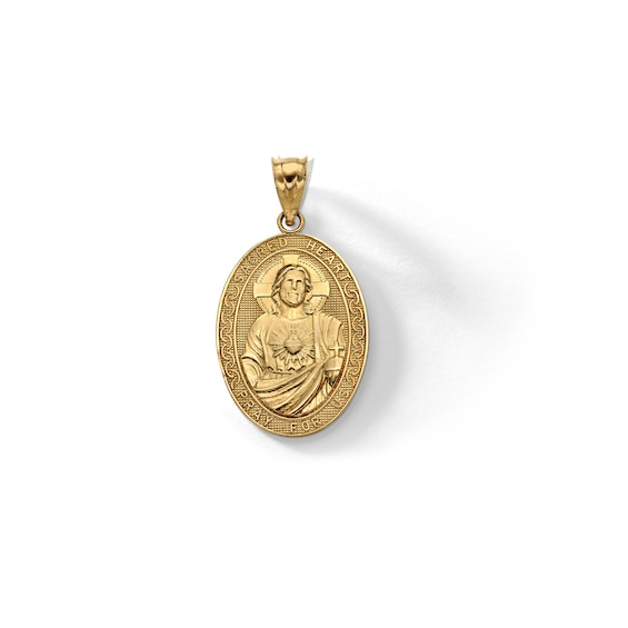 14K Solid Gold Sacred Heart Medallion Necklace Charm