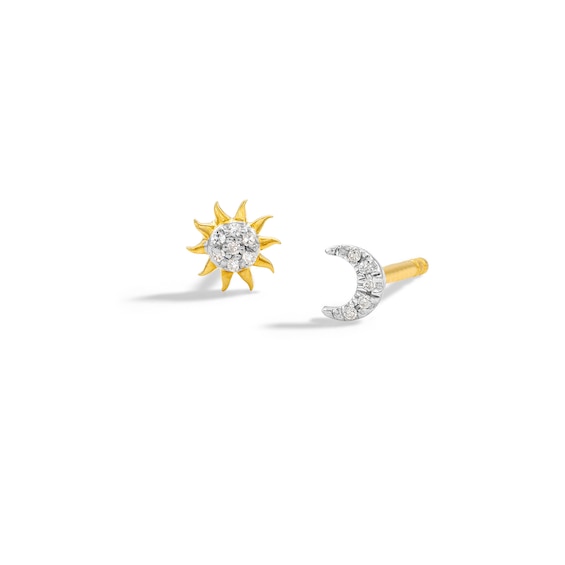 14K Plated Gold Diamond Accent Moon and Sun Mismatch Studs