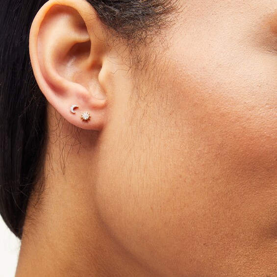 14K Plated Gold Diamond Accent Moon and Sun Mismatch Studs