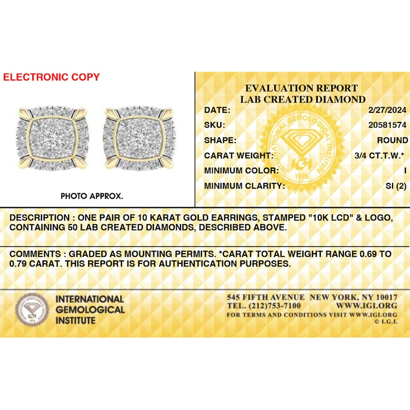 Main Image 3 of ​​​​​​​​​​​​​​10K Solid Gold 3/4 CT. T.W. Lab-Grown Diamond Cupped Studs