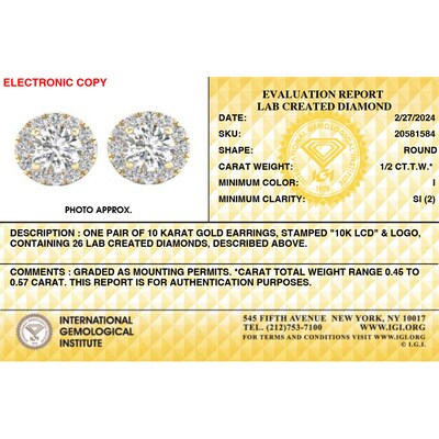 ​​​​​​​​​​​​​​10K Solid Gold 1/2 CT. T.W. Lab-Grown Diamond Halo Round Studs