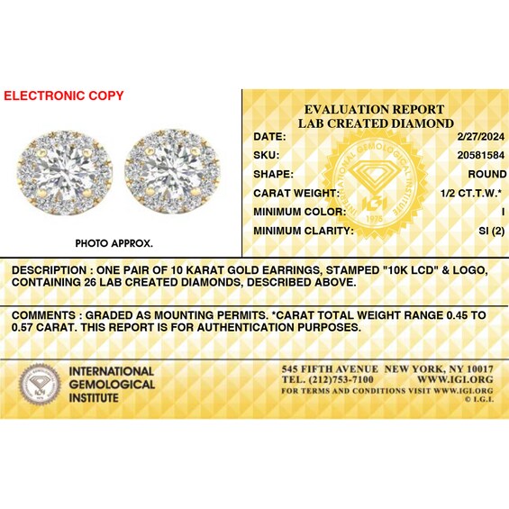​​​​​​​​​​​​​​10K Solid Gold 1/2 CT. T.W. Lab-Grown Diamond Halo Round Studs