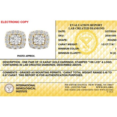​​​​​​​​​​​​​​10K Solid Gold 1/2 CT. T.W. Lab-Grown Diamond Halo Cushion Studs