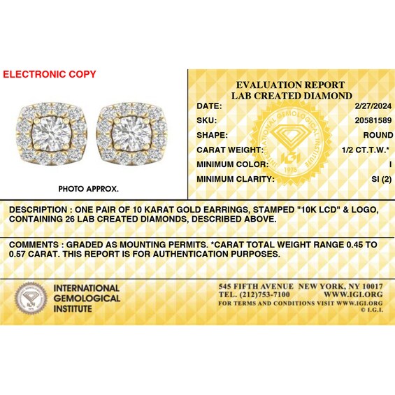 ​​​​​​​​​​​​​​10K Solid Gold 1/2 CT. T.W. Lab-Grown Diamond Halo Cushion Studs