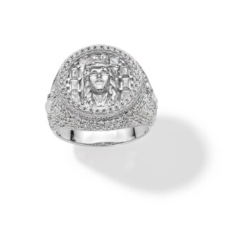 Sterling Silver CZ Jesus Face Medallion Ring - Size 10