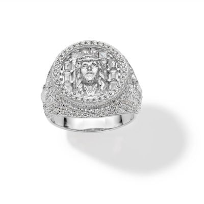 Sterling Silver CZ Jesus Face Medallion Ring - Size 10